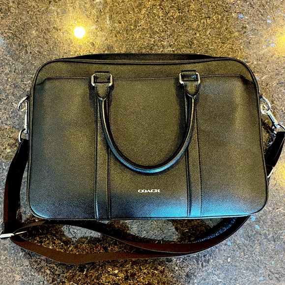 Coach Metropolitan Slim Men’s Black Pebble Leather Briefcase Attaché - Picture 1 of 8